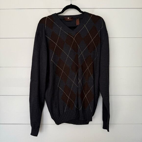 Toscano Men’s Extra Large Merino Wool Argyle Sweater Vneck - Picture 1 of 4